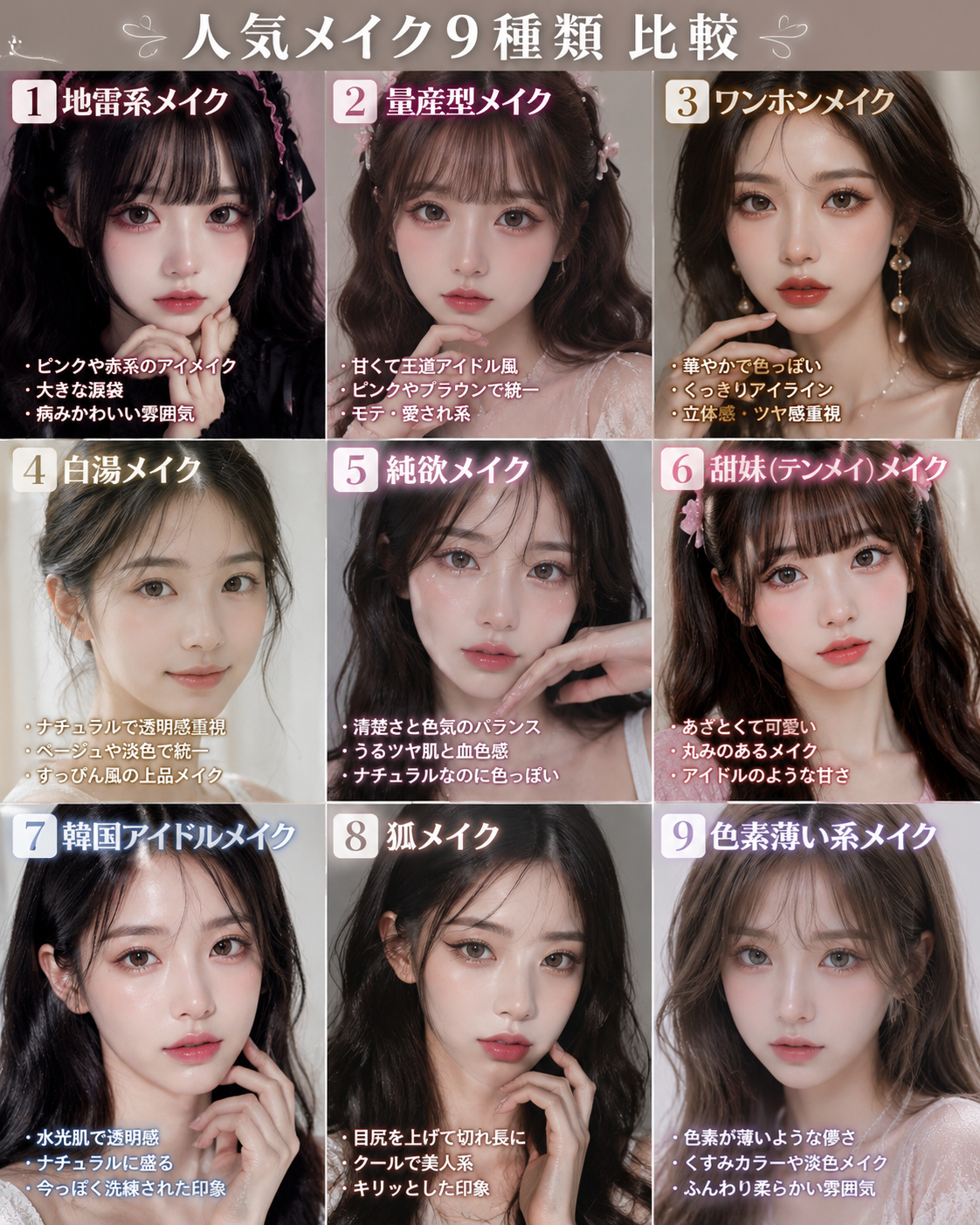 人気メイク9種類を徹底比較
